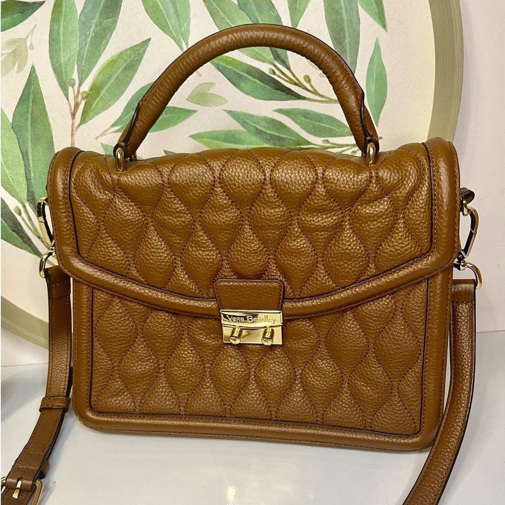 Vera Bradley Lydia Crossbody Purse Womens Cognac Brown Quilted Leather Excellent - Picture 11 of 11